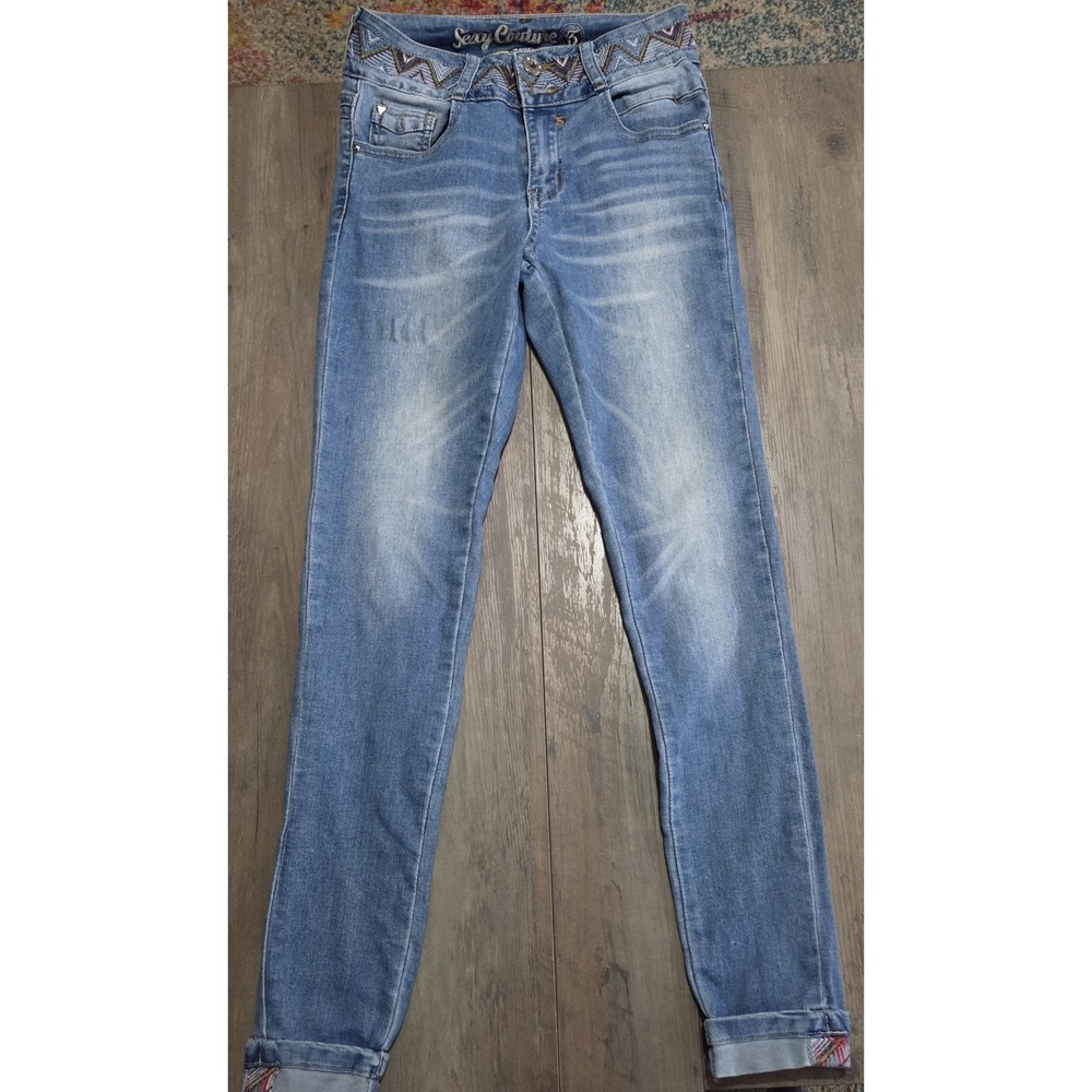 Sexy Couture Sz 3 100% Columbian Denim Light Wash Skinny Cuffed Hem Jeans